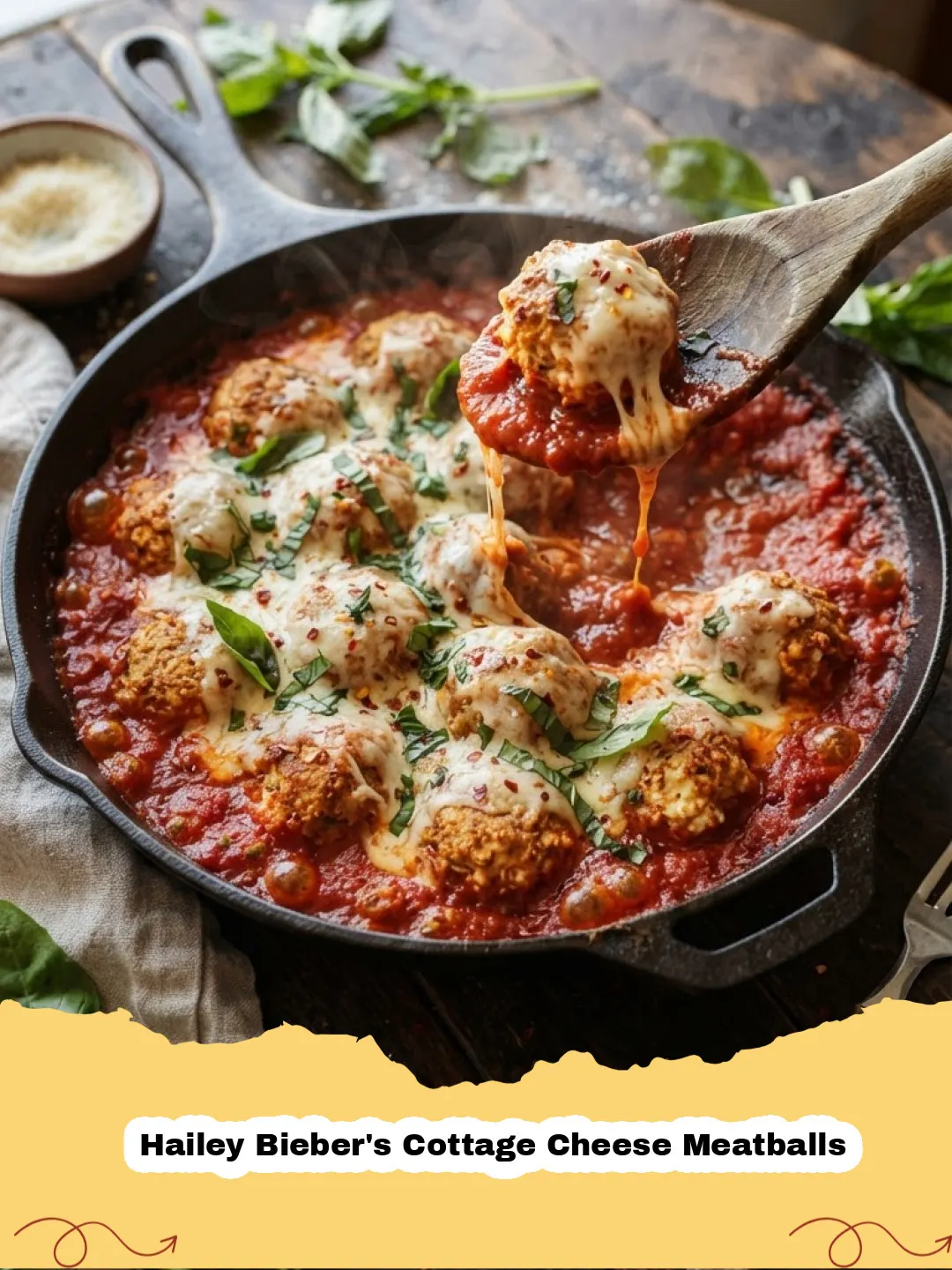 Hailey Bieber's Cottage Cheese Meatballs served with spaghetti and fresh basil