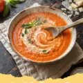 tomato basil soup recipe - Bowl of creamy red tomato basil soup with fresh green basil leaves on top and a side of grilled cheese