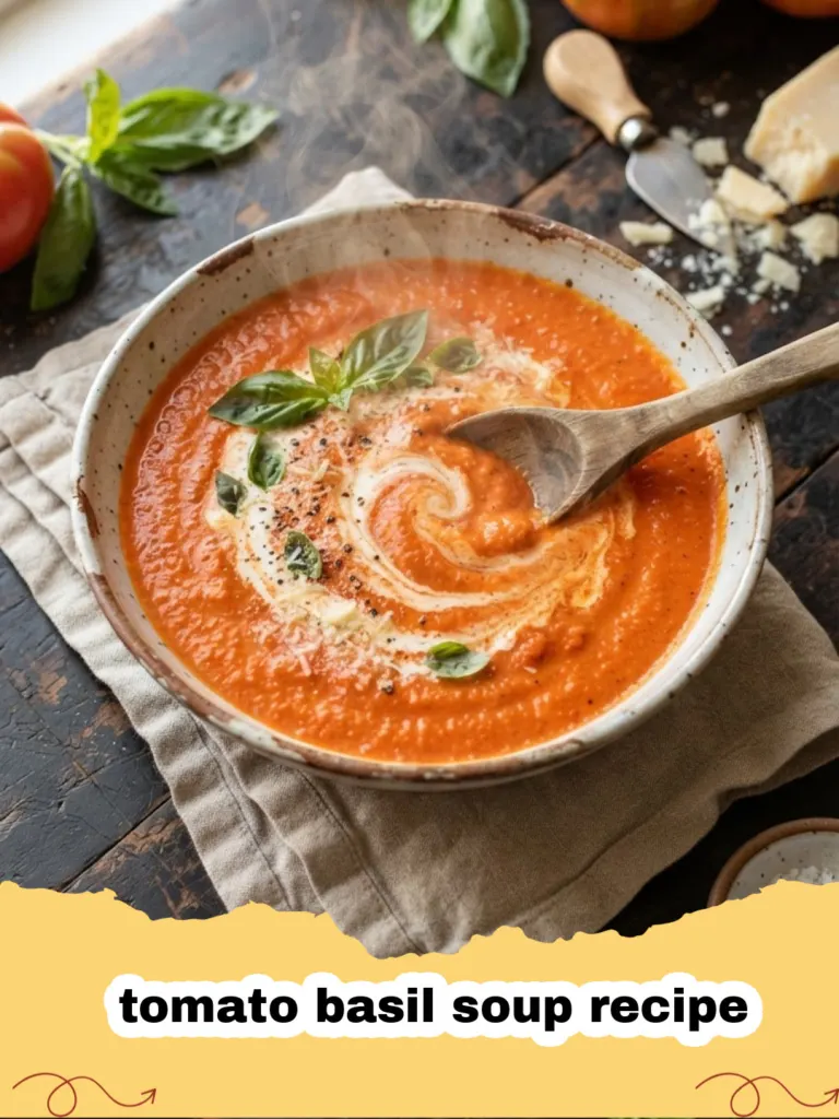 tomato basil soup recipe - Bowl of creamy red tomato basil soup with fresh green basil leaves on top and a side of grilled cheese