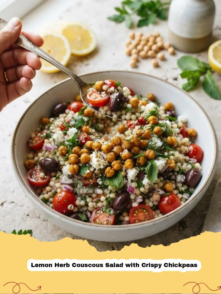Close-up of a vibrant Lemon Herb Couscous Salad with Crispy Chickpeas in a bowl, garnished with fresh herbs and lemon wedges.