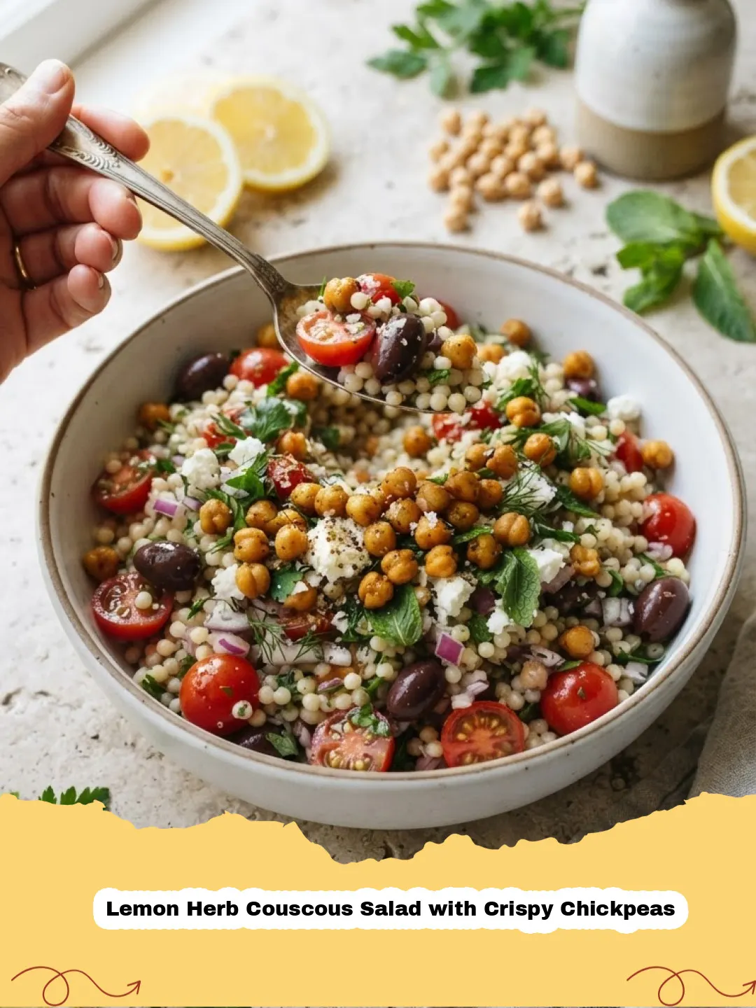 Close-up of a vibrant Lemon Herb Couscous Salad with Crispy Chickpeas in a bowl, garnished with fresh herbs and lemon wedges.