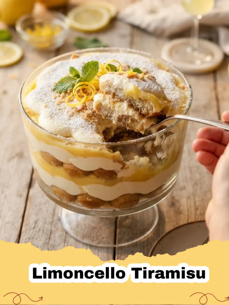 Close-up of a slice of Limoncello Tiramisu, showing layers of creamy mascarpone and limoncello-soaked ladyfingers, garnished with lemon zest and powdered sugar.