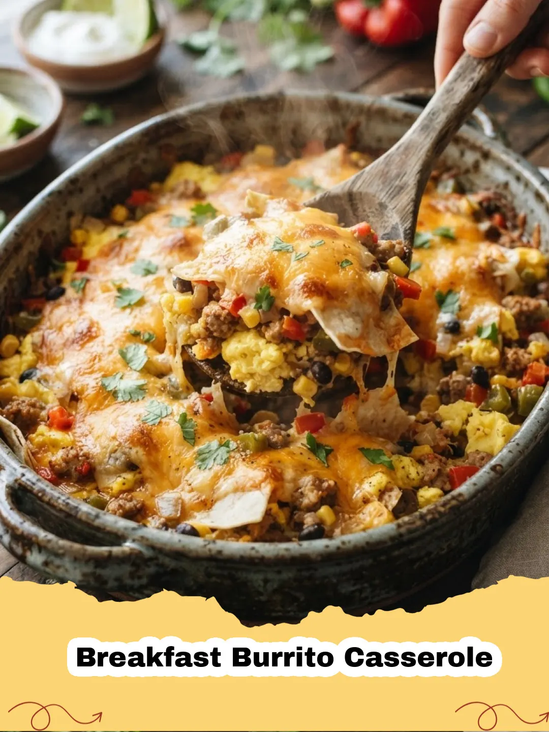 Close-up of a golden brown Breakfast Burrito Casserole in a baking dish, with melted cheese and visible layers of egg, sausage, and tortilla. Garnished with fresh cilantro.