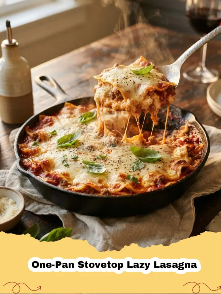 Close-up of bubbling One-Pan Stovetop Lazy Lasagna with melted mozzarella and dollops of ricotta, garnished with fresh parsley.