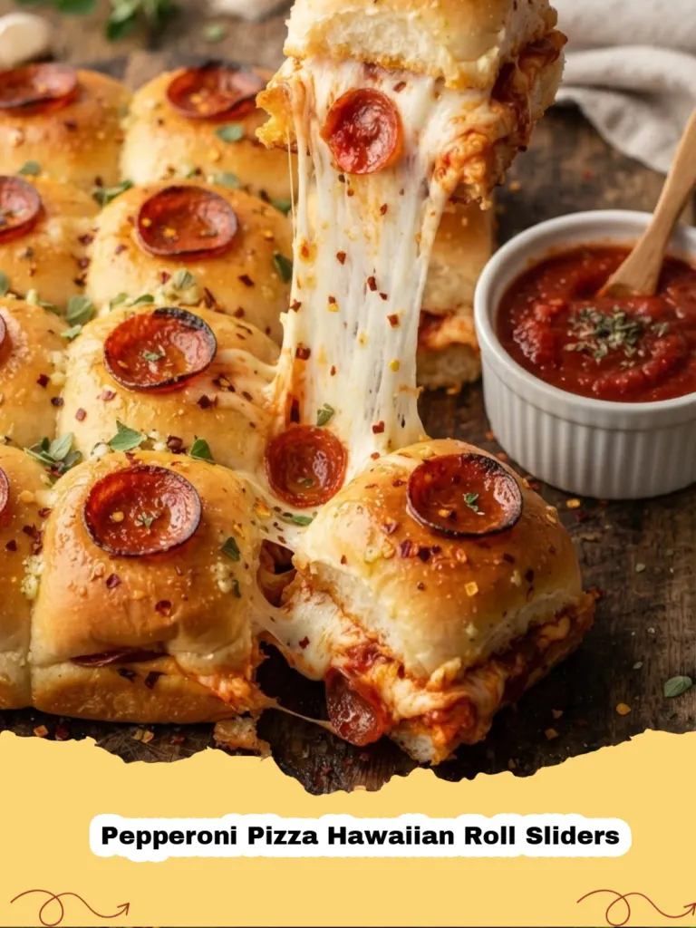 A close-up shot of golden-brown Pepperoni Pizza Hawaiian Roll Sliders with melted cheese and crispy pepperoni, pulled apart on a serving platter.