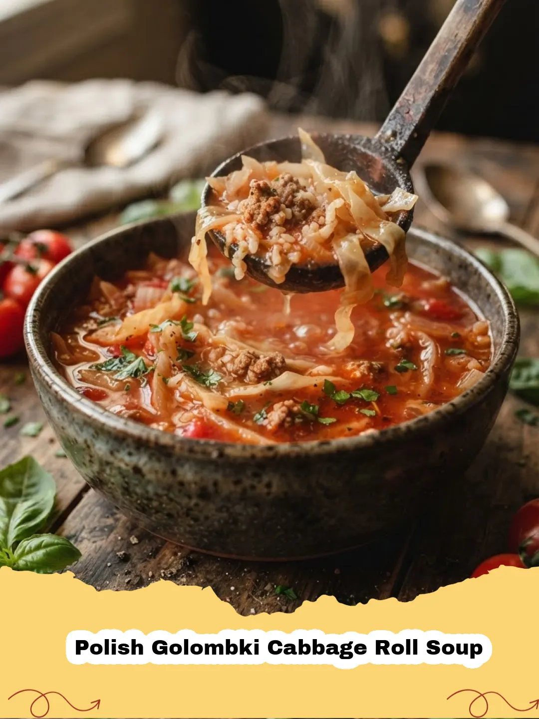 Hearty bowl of Polish Golombki Cabbage Roll Soup garnished with sour cream and fresh dill.