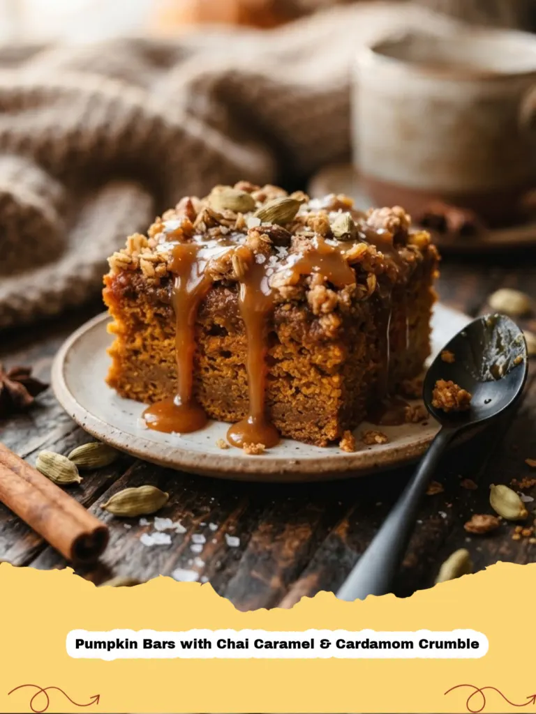 Pumpkin Bars with Chai Caramel & Cardamom Crumble - Close-up of freshly baked Pumpkin Bars with Chai Caramel and Cardamom Crumble, garnished with a light dusting of powdered sugar, showing moist texture and rich layers.