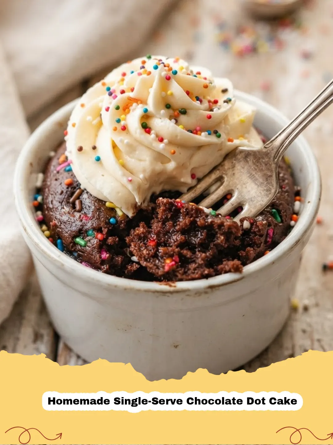A perfectly baked Homemade Single-Serve Chocolate Dot Cake in a white mug, topped with melted chocolate chips and a small spoon.