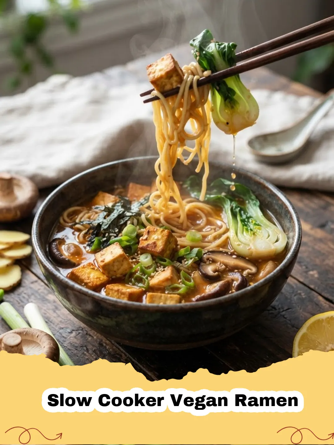 A steaming bowl of Slow Cooker Vegan Ramen garnished with green onions, sesame seeds, and chili oil.