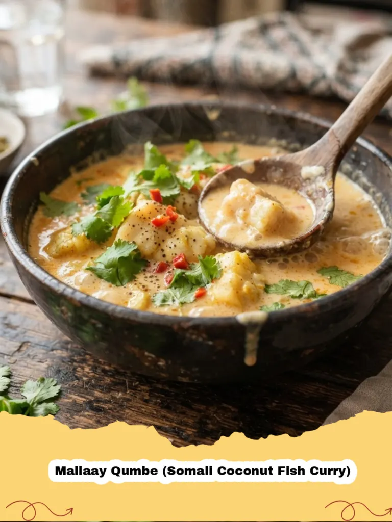A bowl of Mallaay Qumbe (Somali Coconut Fish Curry) served with rice and fresh cilantro.