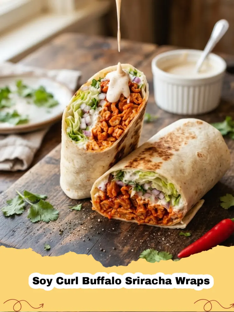Soy Curl Buffalo Sriracha Wraps - Close-up of a perfectly rolled Soy Curl Buffalo Sriracha Wrap, cut in half, showcasing crispy soy curls, ranch, and fresh vegetables.