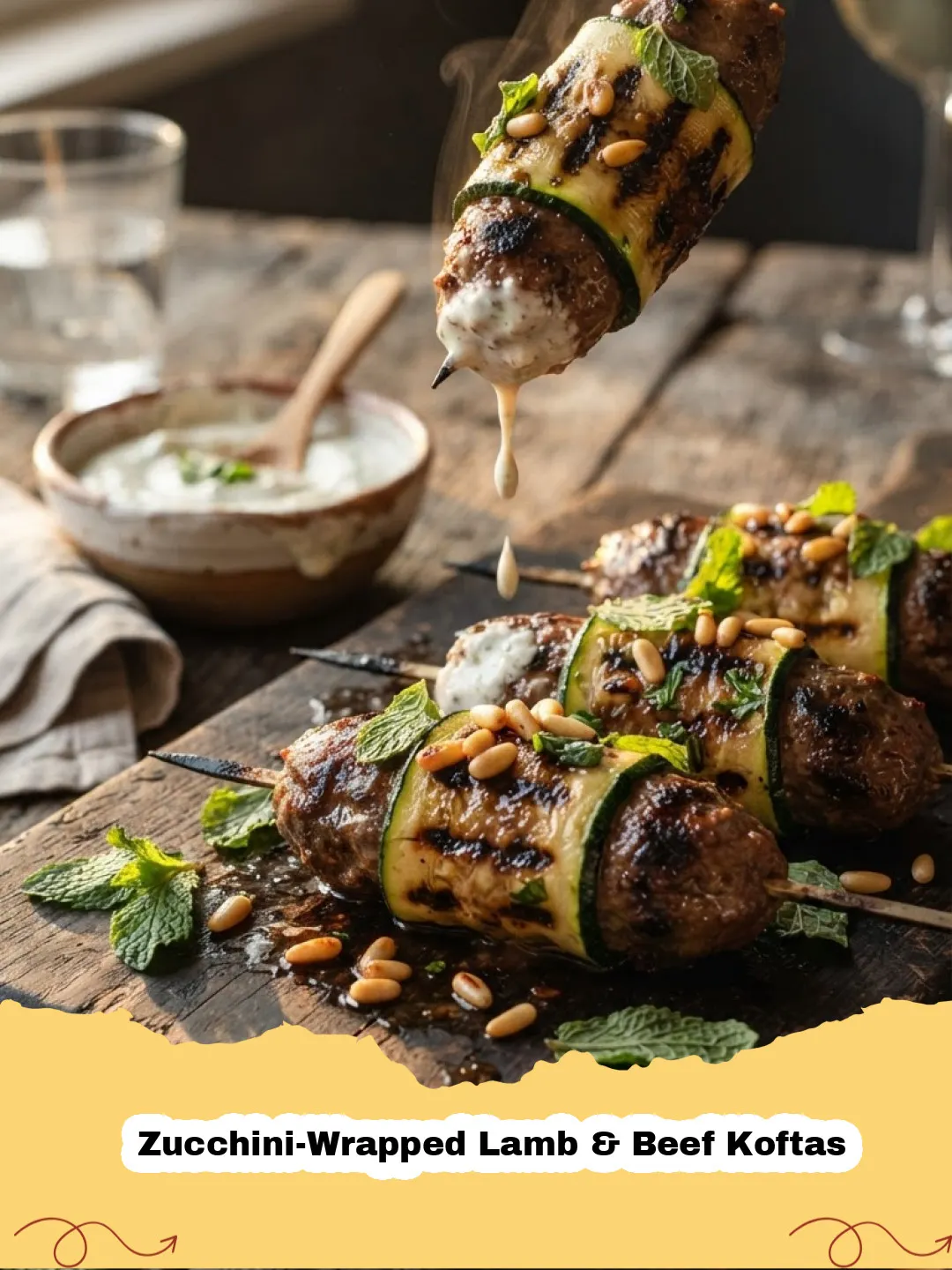 Close-up of golden-brown Zucchini-Wrapped Lamb & Beef Koftas arranged beautifully on a plate, garnished with fresh mint and served with a side of yogurt sauce.