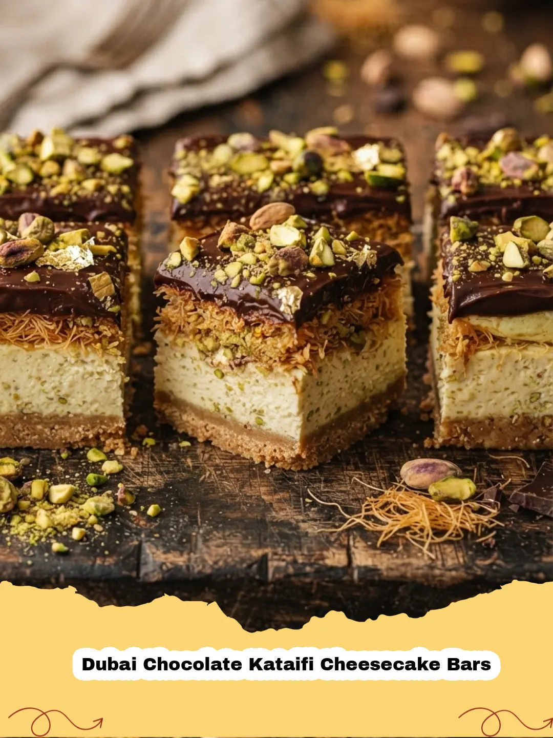 Dubai Chocolate Kataifi Cheesecake Bars - Close-up of a Dubai Chocolate Kataifi Cheesecake Bar with a bite taken out, showing the layers of crispy kataifi, creamy cheesecake, and rich chocolate.