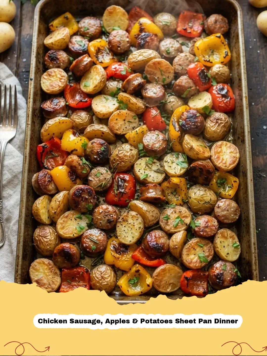 Close-up of a Chicken Sausage, Apples & Potatoes Sheet Pan Dinner on a baking sheet, with golden potatoes, caramelized apples, and browned sausage