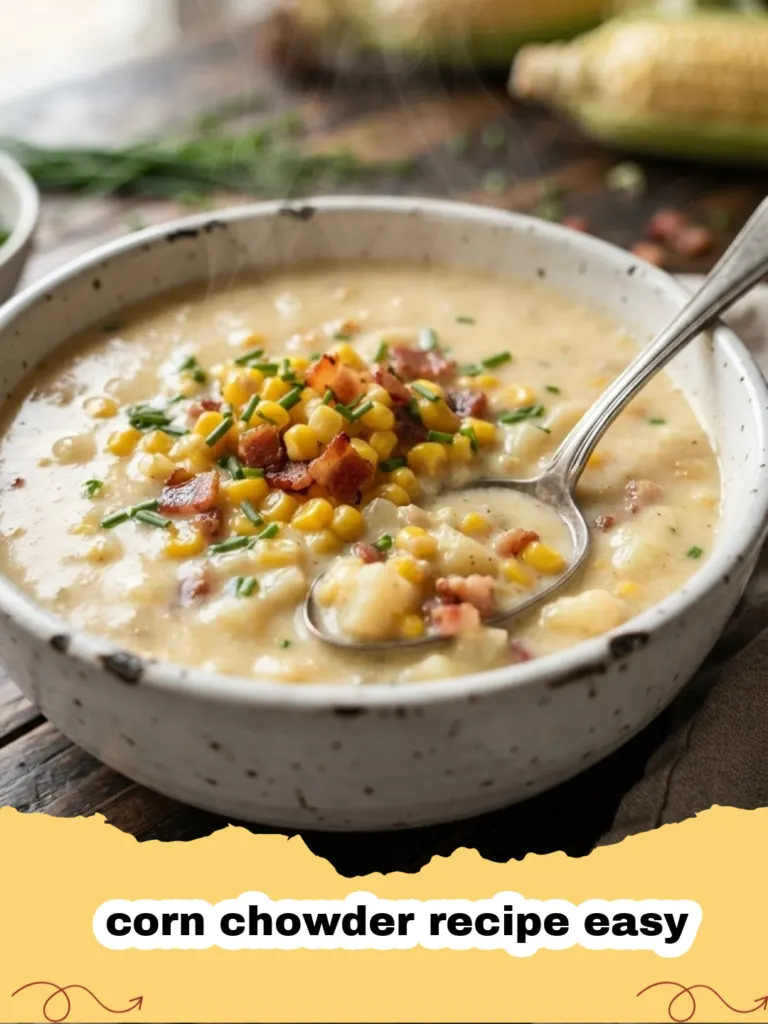 corn chowder recipe easy - A close-up of a bowl of creamy easy corn chowder recipe garnished with crispy bacon bits and fresh chives.