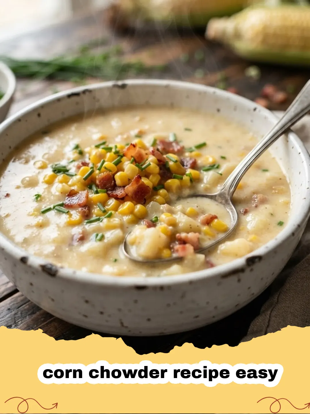 corn chowder recipe easy - A close-up of a bowl of creamy easy corn chowder recipe garnished with crispy bacon bits and fresh chives.