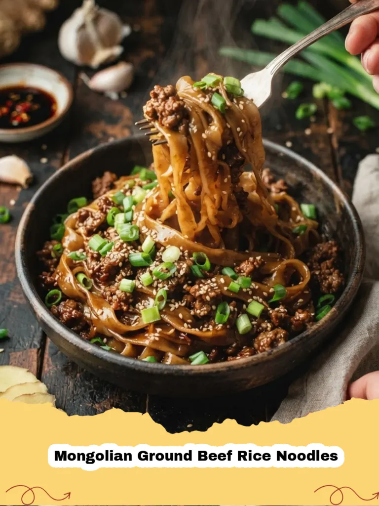 A close-up shot of Mongolian Ground Beef Rice Noodles in a large skillet, garnished with green onions and sesame seeds.