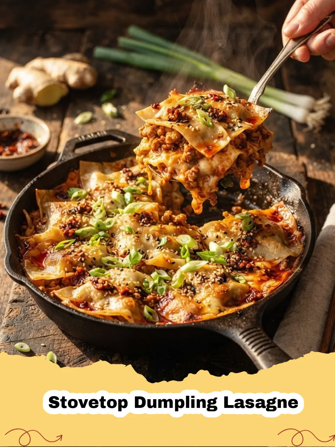 Close-up of a bubbling Stovetop Dumpling Lasagne in a large pot, with melted cheese and rich tomato sauce visible.