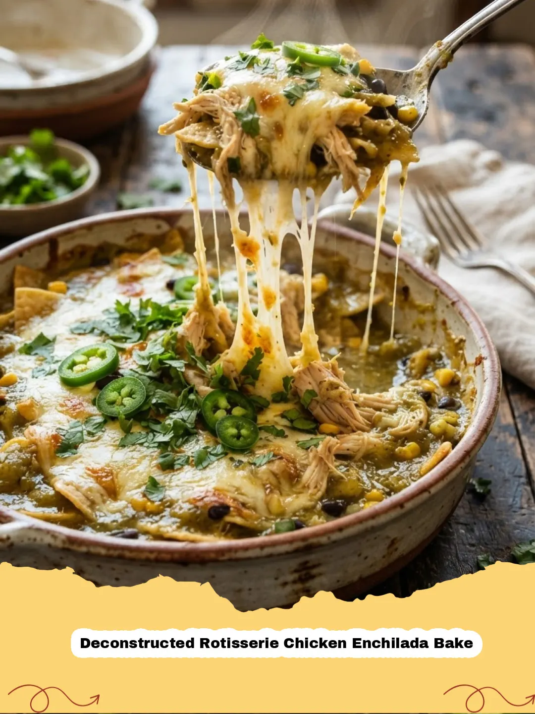 A bubbling Deconstructed Rotisserie Chicken Enchilada Bake fresh from the oven, topped with melted cheese and ready to serve.