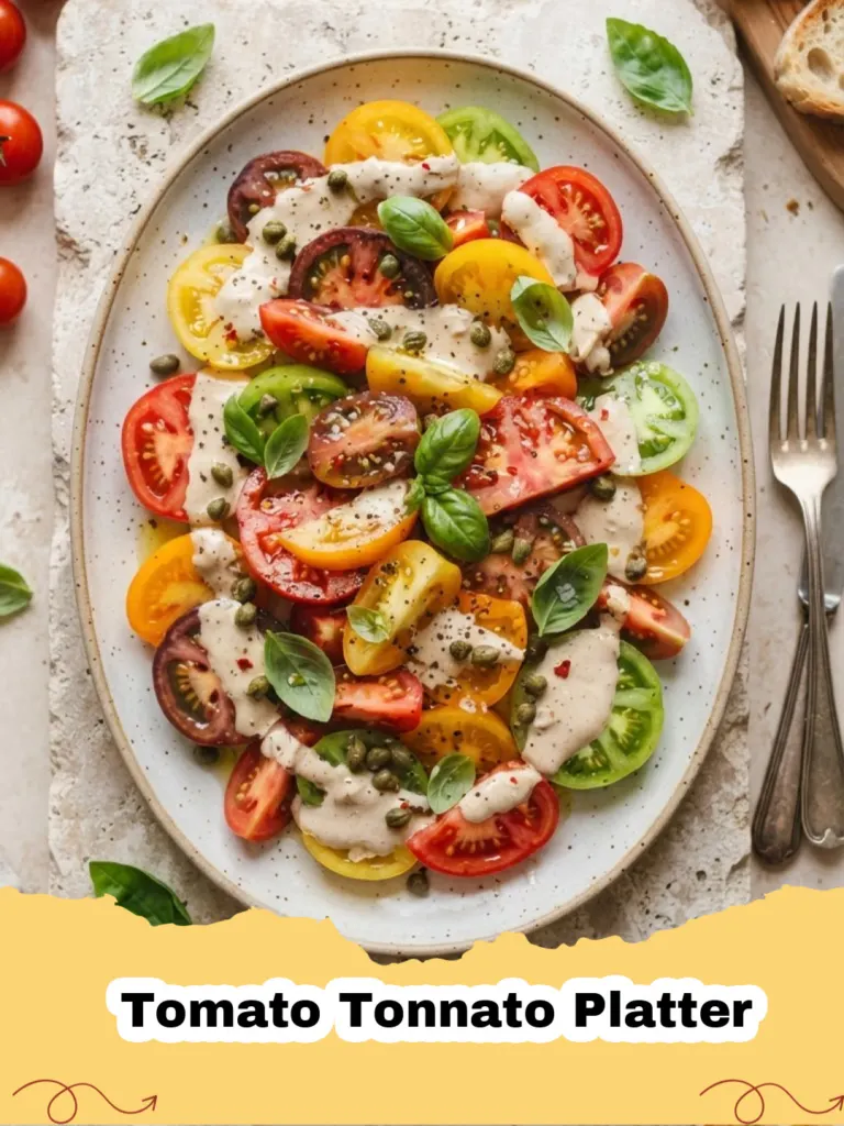 A beautifully arranged Tomato Tonnato Platter with colorful heirloom tomatoes and creamy tuna sauce, garnished with capers and fresh basil.