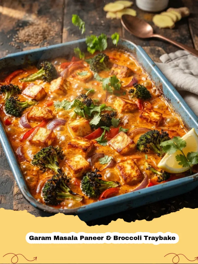 Garam Masala Paneer & Broccoli Traybake - Close-up of a vibrant Garam Masala Paneer and Broccoli Traybake, showing golden paneer cubes and charred broccoli florets on a baking sheet, garnished with fresh cilantro.
