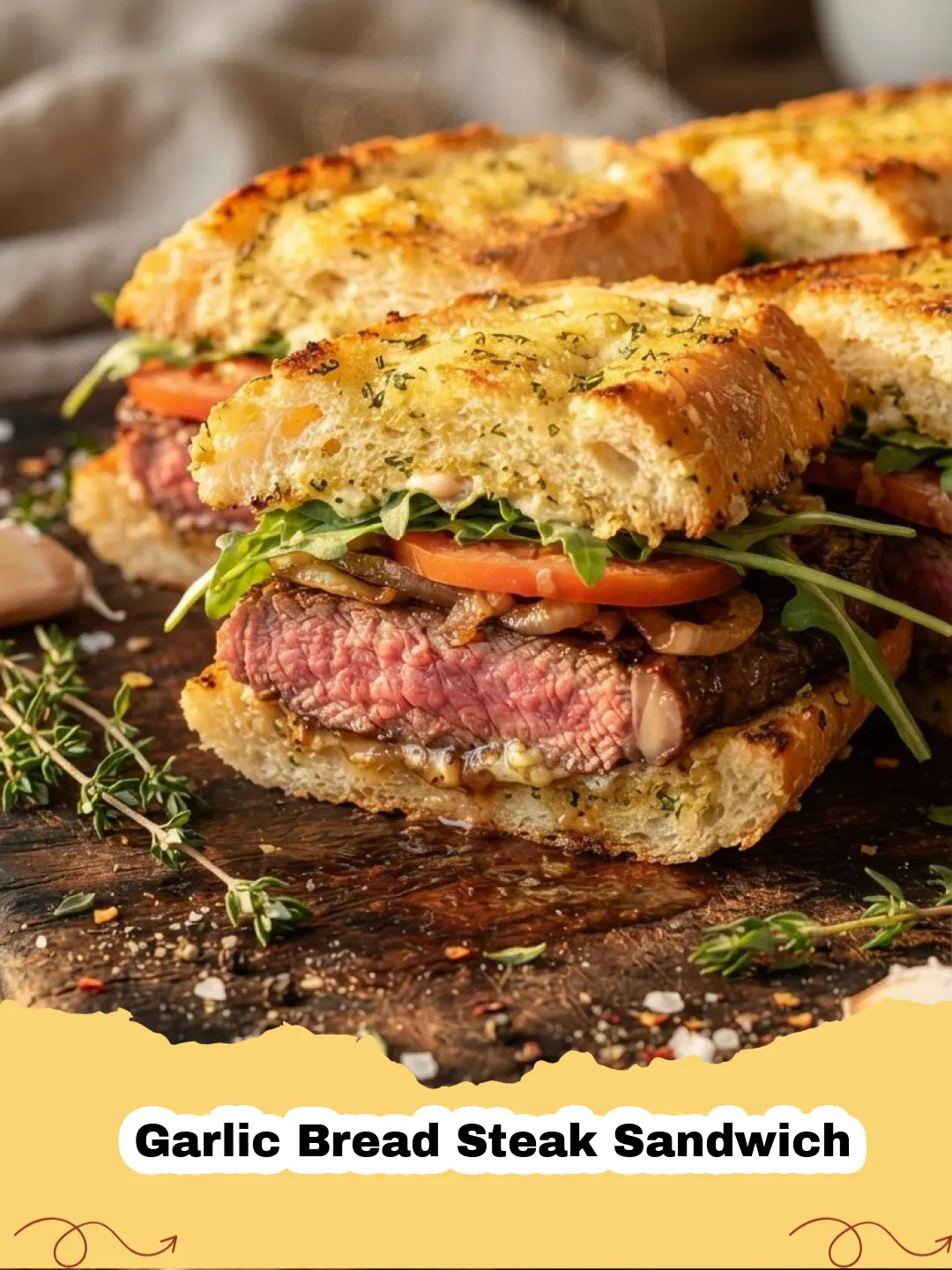 Close-up of a loaded Garlic Bread Steak Sandwich with melted cheese and juicy steak, garnished with parsley.