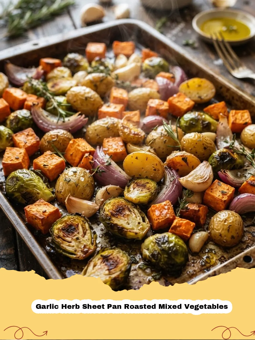 Close-up of vibrant Garlic Herb Sheet Pan Roasted Mixed Vegetables on a baking sheet, showing broccoli, bell peppers, zucchini, and red onion.