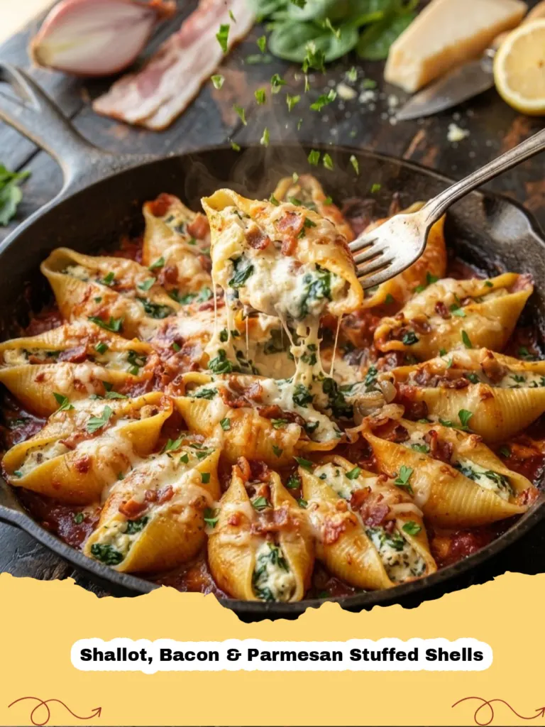 Close-up of golden baked Shallot, Bacon & Parmesan Stuffed Shells in a red sauce, topped with melted cheese and fresh parsley.