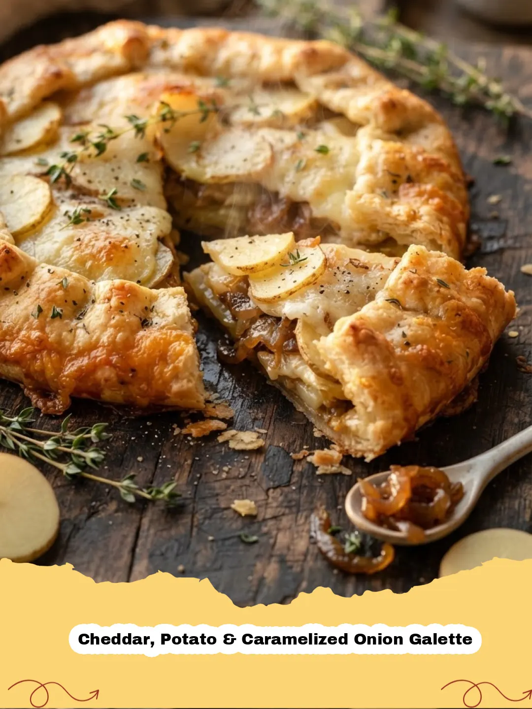 A rustic Cheddar, Potato & Caramelized Onion Galette on a baking sheet, freshly baked with golden crust and bubbling cheese.