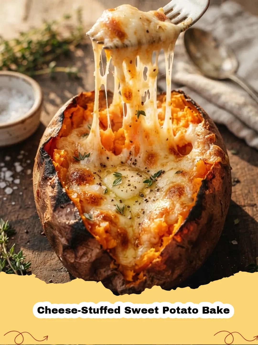 Close-up of a golden brown Cheese-Stuffed Sweet Potato Bake with melted bubbly cheese and fresh herbs.