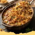 Bubbling One Pot French Onion Casserole with melted golden cheese and crusty bread