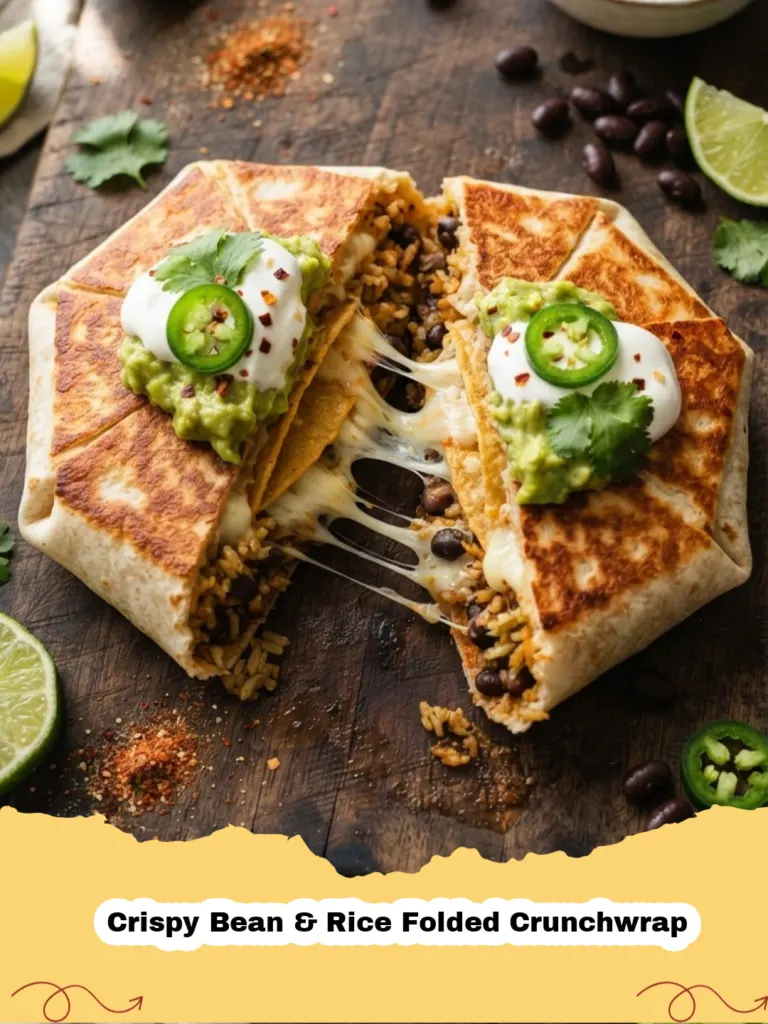 Close-up of a freshly made Crispy Bean & Rice Folded Crunchwrap, golden brown and cut in half, revealing the layers of beans, rice, cheese, and crunchy tostada inside. Garnished with cilantro.
