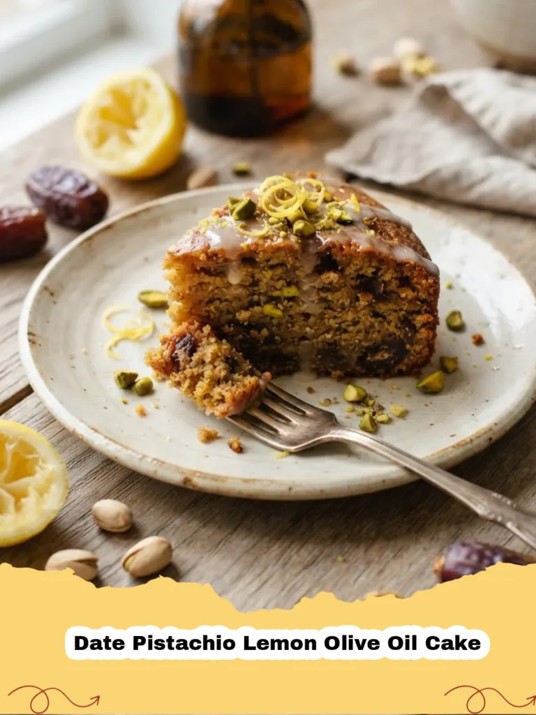 A slice of Date Pistachio Lemon Olive Oil Cake on a plate with a fork, showing the moist crumb and visible dates and pistachios.
