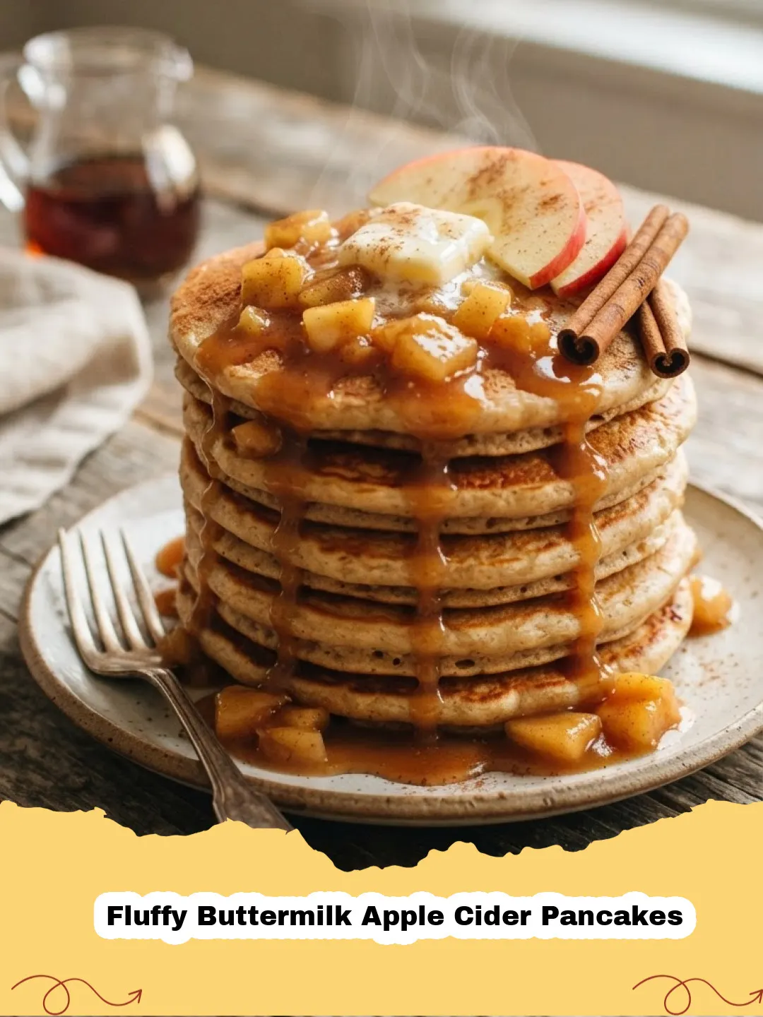 Fluffy Buttermilk Apple Cider Pancakes - Stack of fluffy buttermilk apple cider pancakes with maple syrup and sliced apples.