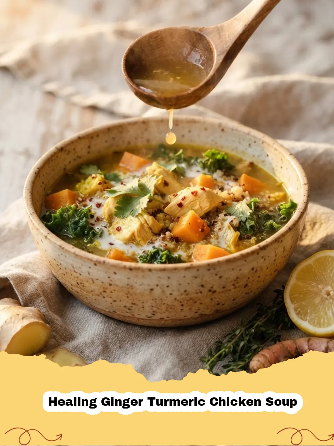 A steaming bowl of golden Healing Ginger Turmeric Chicken Soup with shredded chicken, carrots, and fresh herbs, served with a lime wedge.