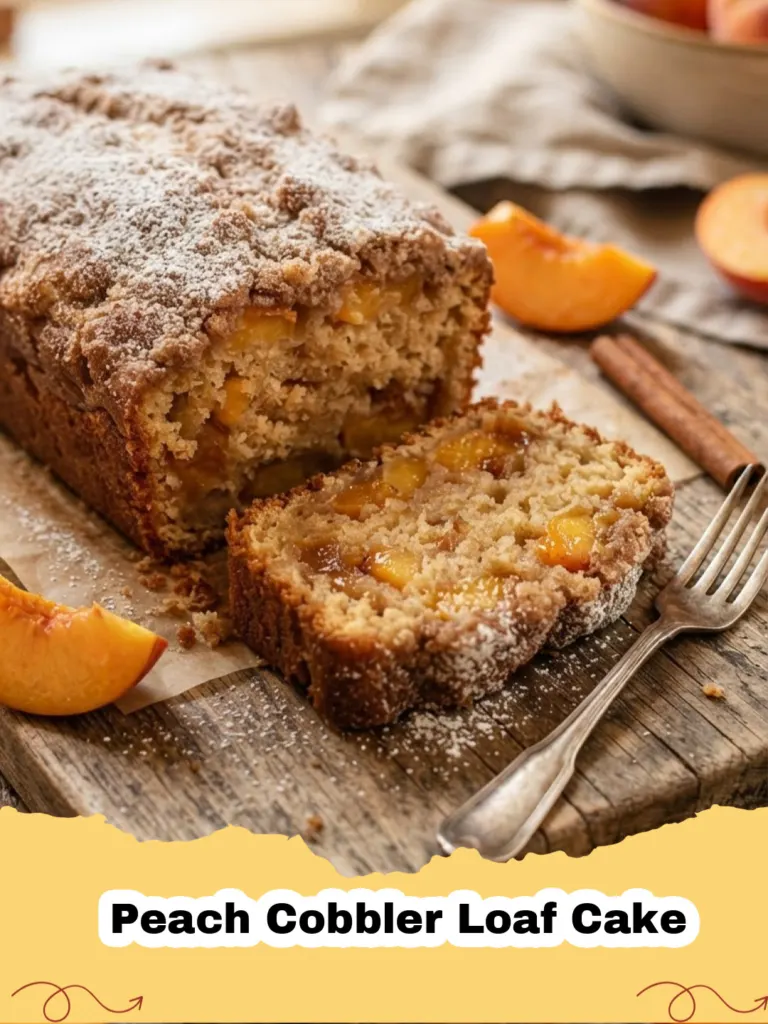 A perfectly baked Peach Cobbler Loaf Cake with a golden streusel topping and visible peach slices, on a wooden board.