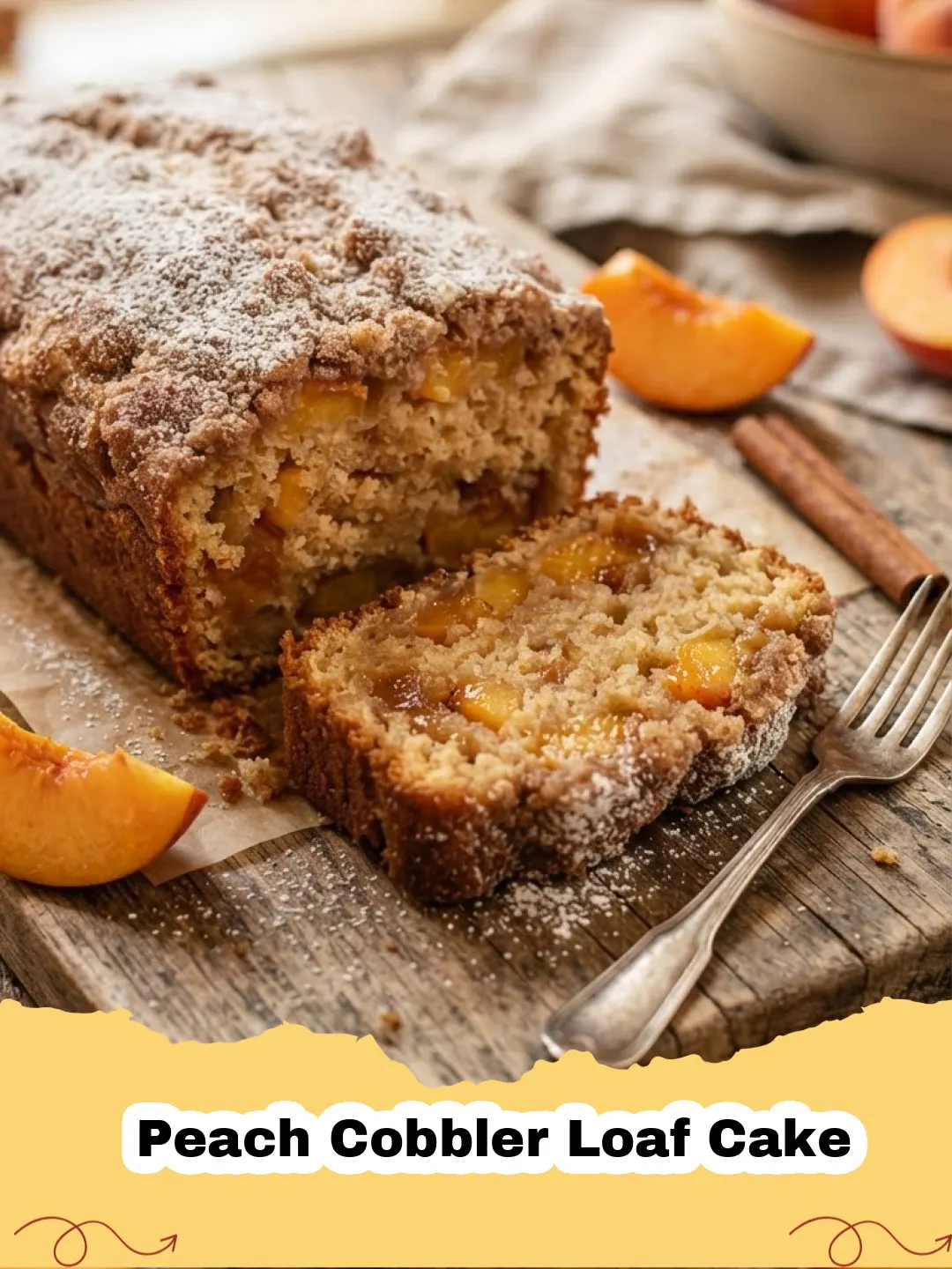 A perfectly baked Peach Cobbler Loaf Cake with a golden streusel topping and visible peach slices, on a wooden board.