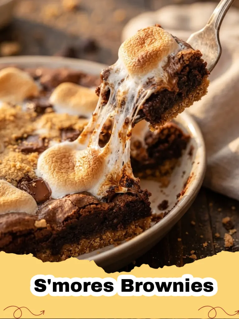 Close-up of a pan of freshly baked S'mores Brownies, with gooey toasted marshmallows, rich chocolate brownie, and a visible graham cracker crust.