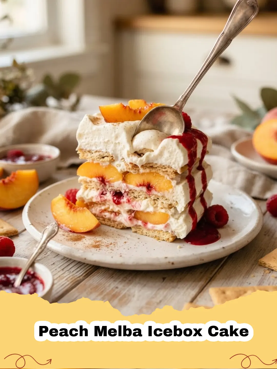 Close-up of a slice of Peach Melba Icebox Cake showing layers of whipped cream, peaches, raspberries, and vanilla wafers