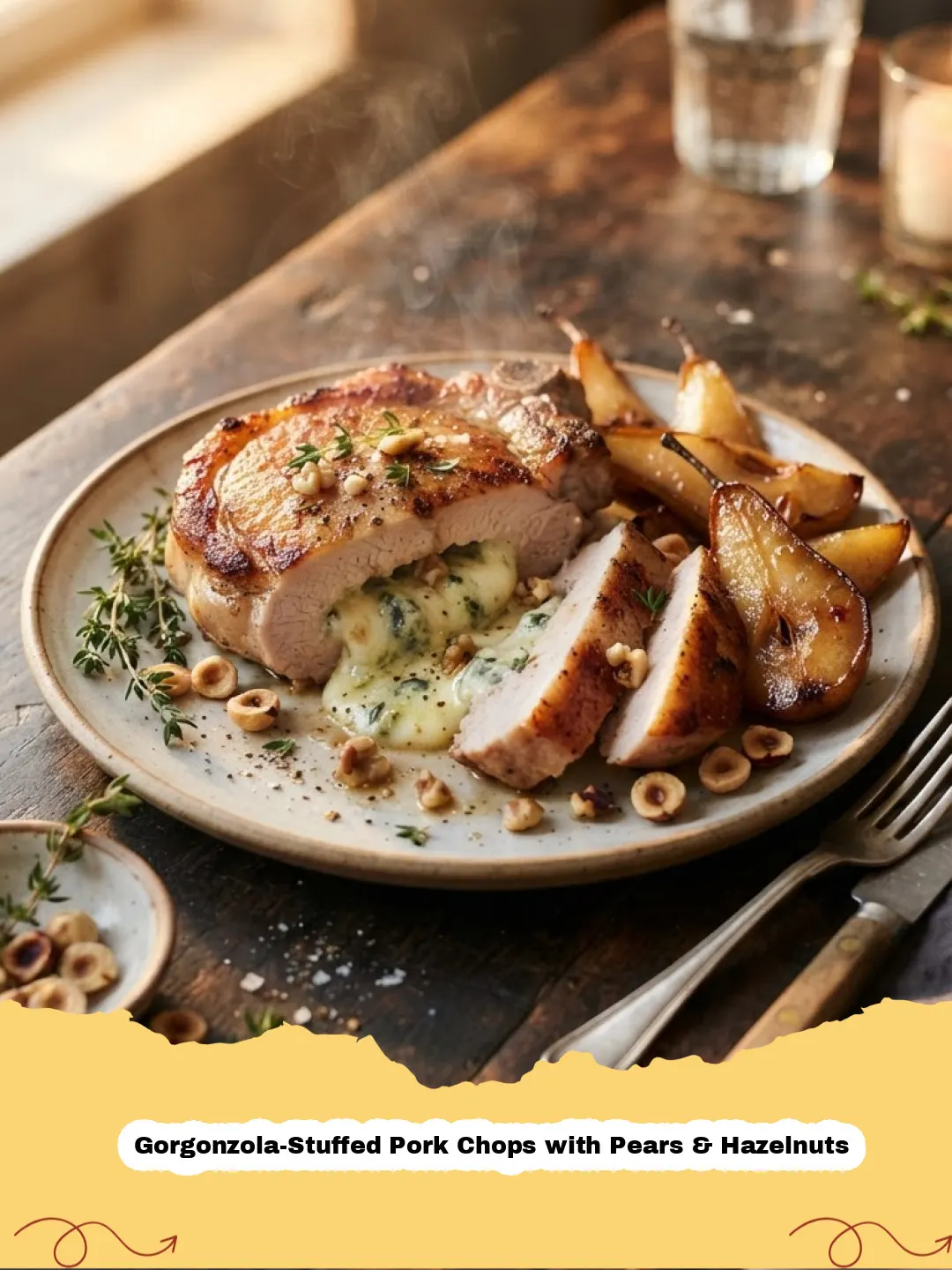 Two golden-brown Gorgonzola-Stuffed Pork Chops with Pears & Hazelnuts, resting on a bed of sautéed greens, drizzled with pan sauce, and garnished with fresh herbs.
