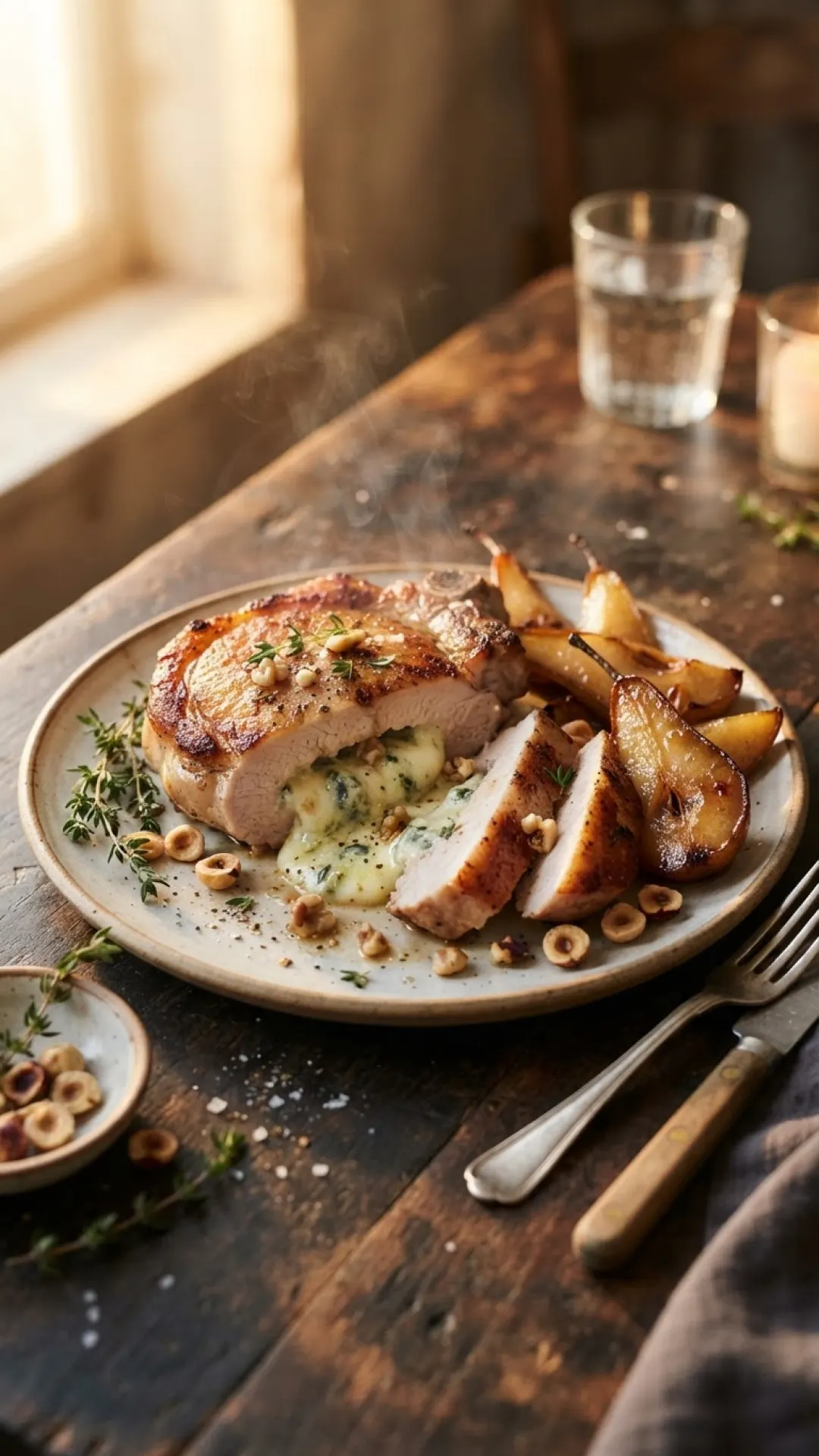 Gorgonzola-Stuffed Pork Chops with Pears & Hazelnuts Preparation