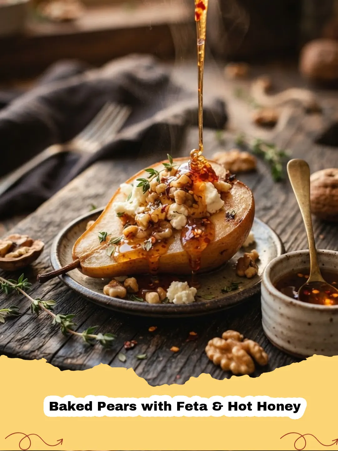 Close-up of Baked Pears with Feta & Hot Honey, showing tender pear halves topped with crumbled feta and glistening hot honey on a rustic plate.