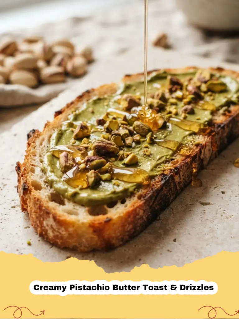 Creamy Pistachio Butter Toast & Drizzles - Two slices of Creamy Pistachio Butter Toast with honey drizzle and chopped pistachios on a rustic wooden board, garnished with fresh berries.