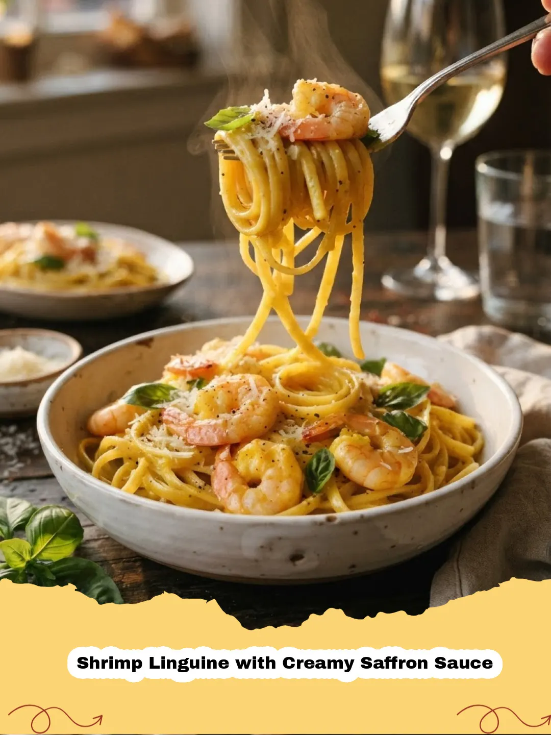 A close-up shot of Shrimp Linguine with Creamy Saffron Sauce, garnished with fresh parsley and lemon, served in a shallow white bowl.