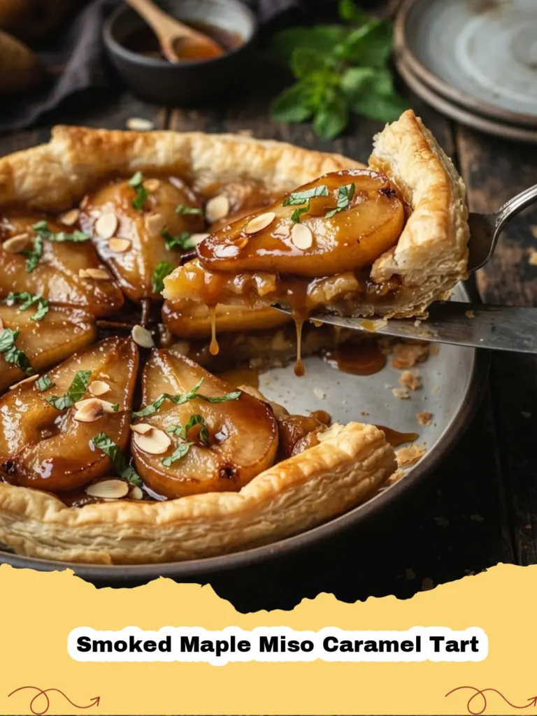 A slice of Smoked Maple Miso Caramel Tart on a white plate, showcasing its golden caramel filling and flaky crust.