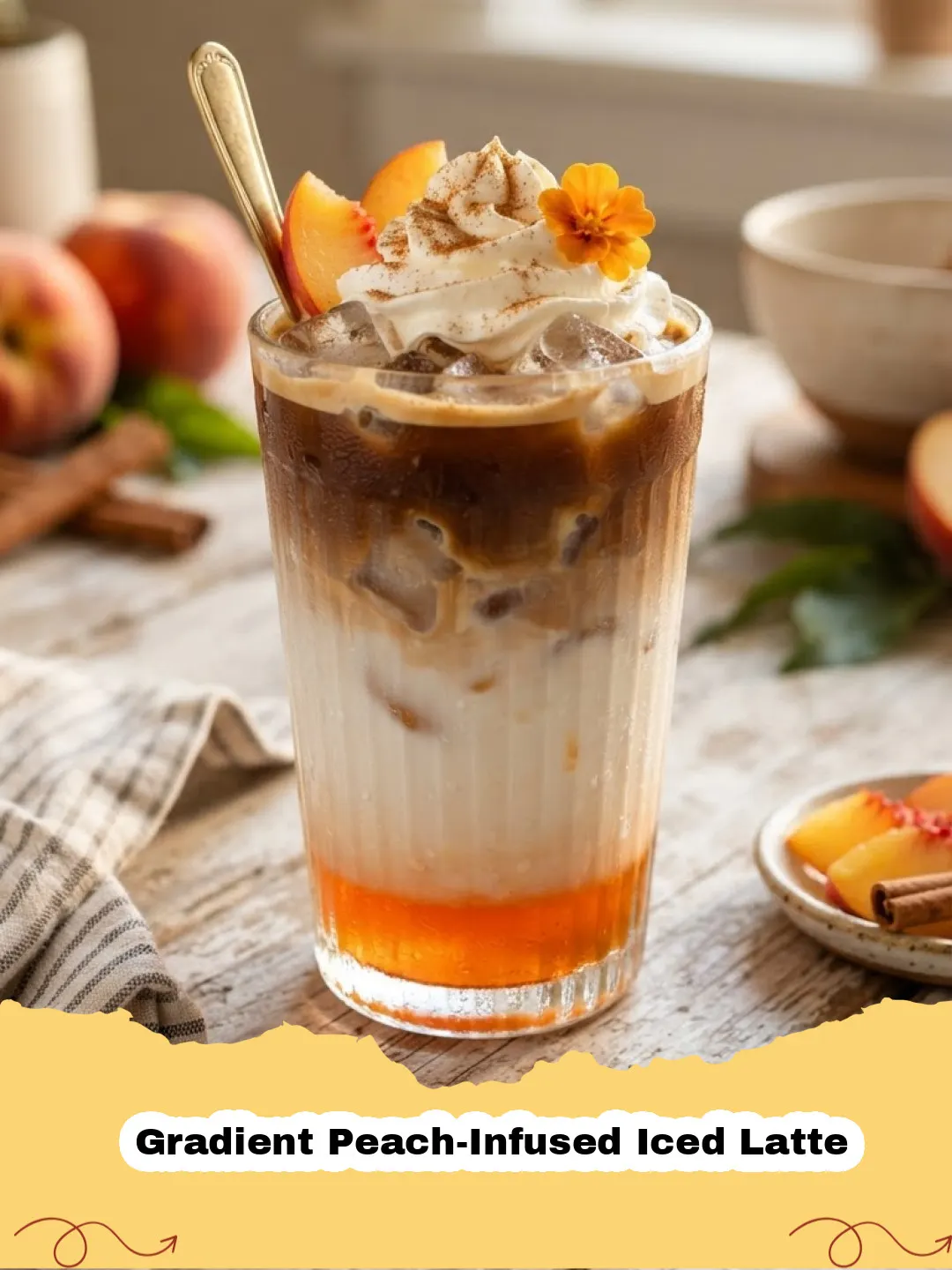 A stunning layered Gradient Peach-Infused Iced Latte with fresh peach slices on top.