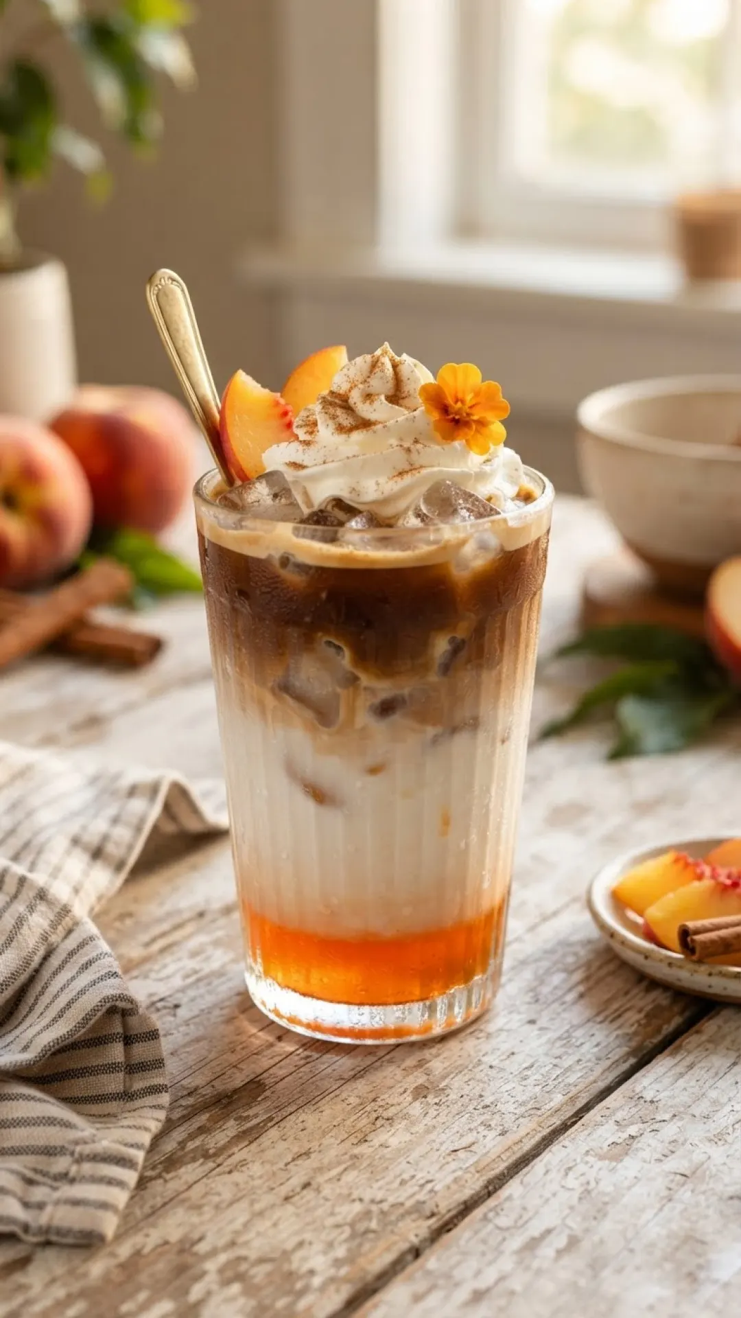 Gradient Peach-Infused Iced Latte Preparation