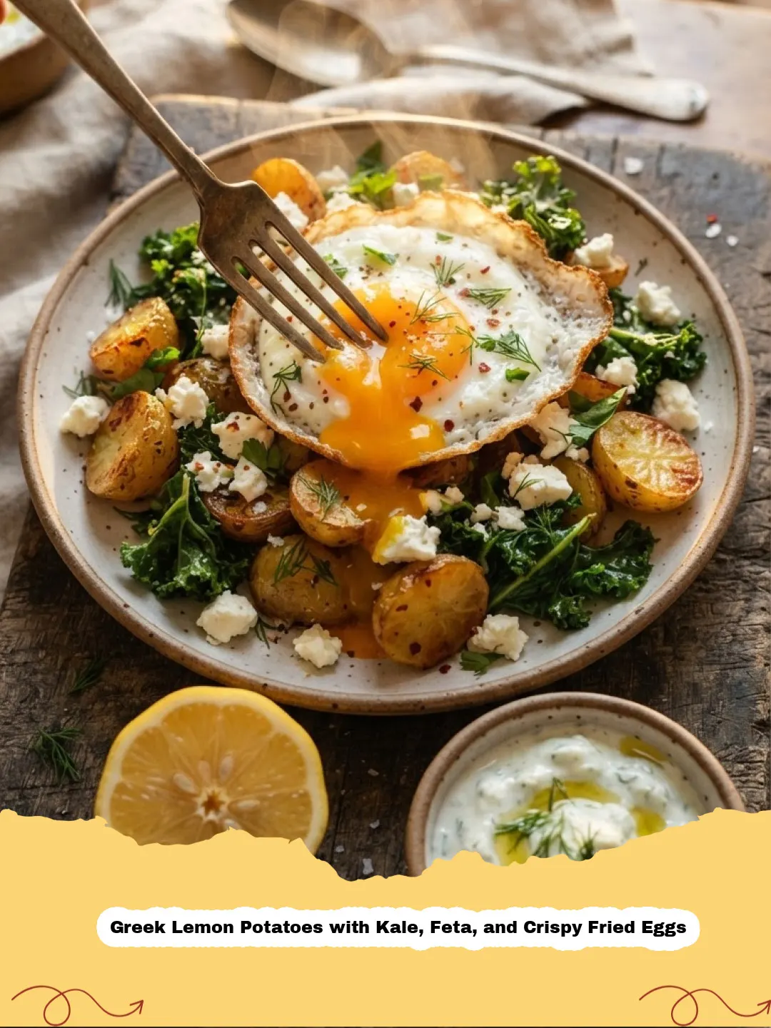 Greek Lemon Potatoes with Kale, Feta, and Crispy Fried Eggs - A sunny plate of Greek lemon potatoes with wilted kale, crumbled feta, and two crispy fried eggs with runny yolks, garnished with fresh herbs.