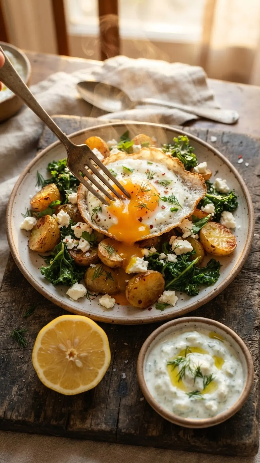 Greek Lemon Potatoes with Kale, Feta, and Crispy Fried Eggs Preparation