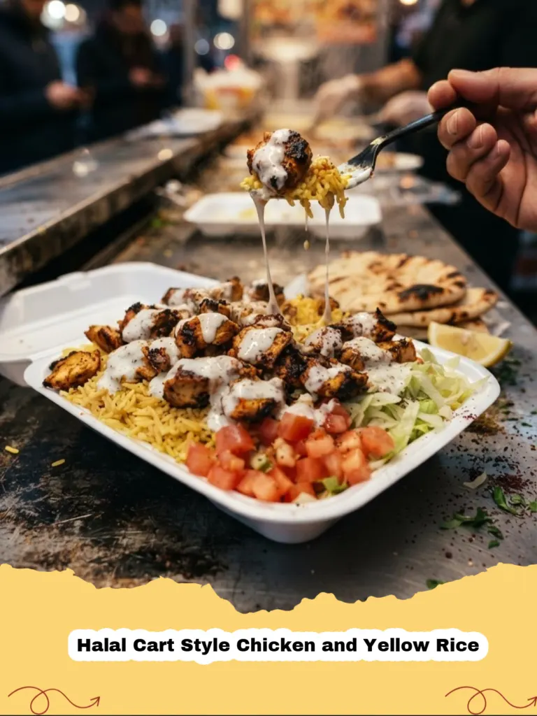 Plate of Halal Cart Style Chicken and Yellow Rice with creamy white sauce and hot sauce, garnished with parsley.